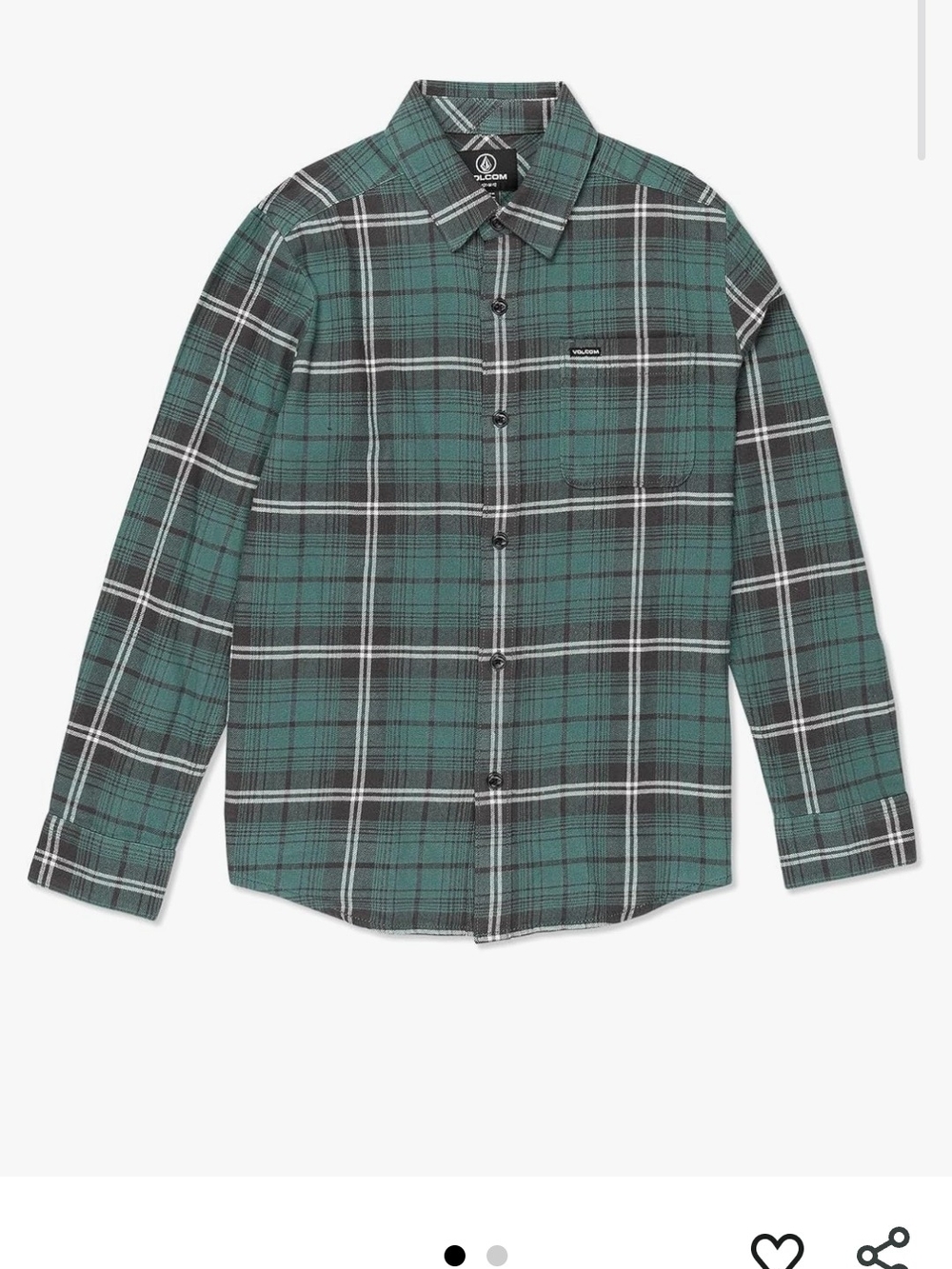 Volcom BIG Kid, XL Green Plaid Long-Sleeve Button-Up Shirt, NWT